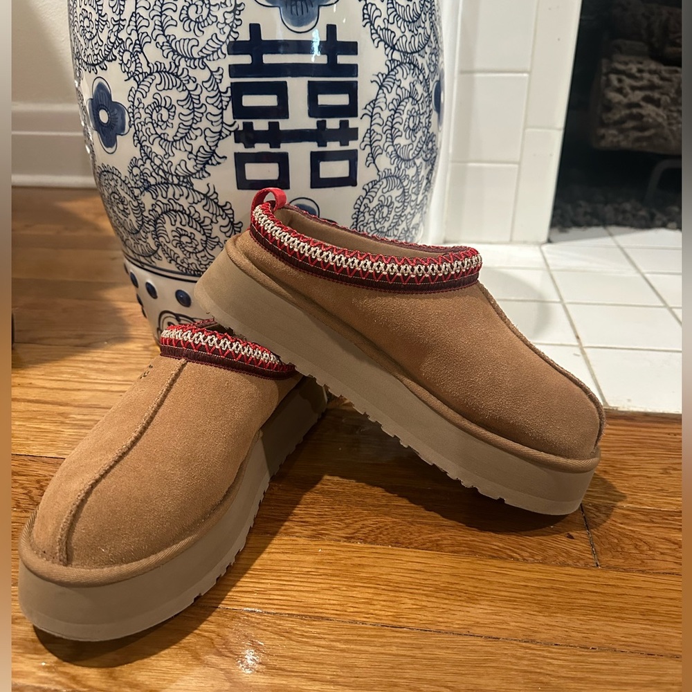 UGG Women’s Tan Suede Platform Mules with Red Trim